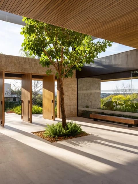 Pátio em concreto aparente com árvore isolada e portais de madeira, obra executada pela Zacharias Engenharia em parceria com arquitetos